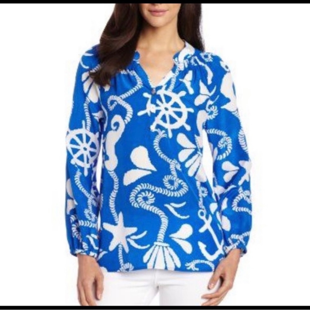 Lilly Pulitzer Elsa Top in Schooner Blue Dock Hopper print women size medium EUC